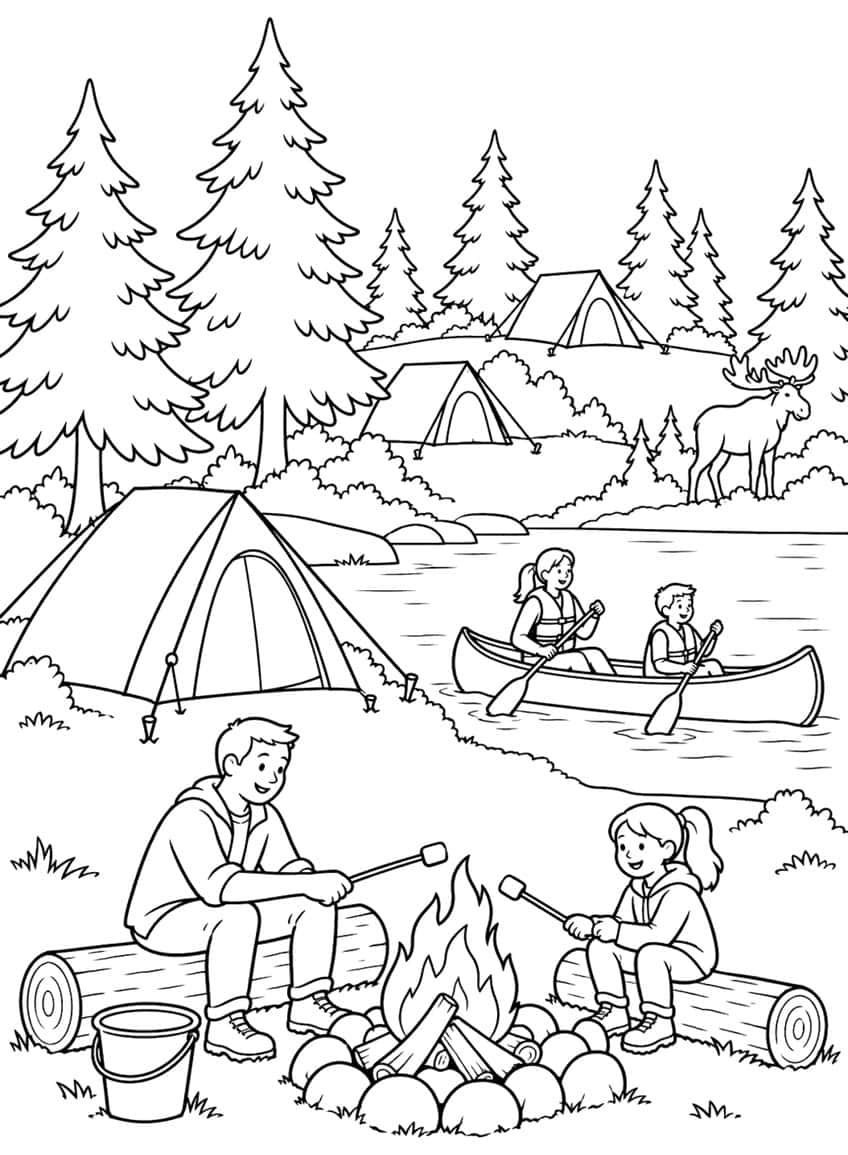Man and girl roasting marshmallows at a campfire, canoe on a lake, tents, pine trees and a moose