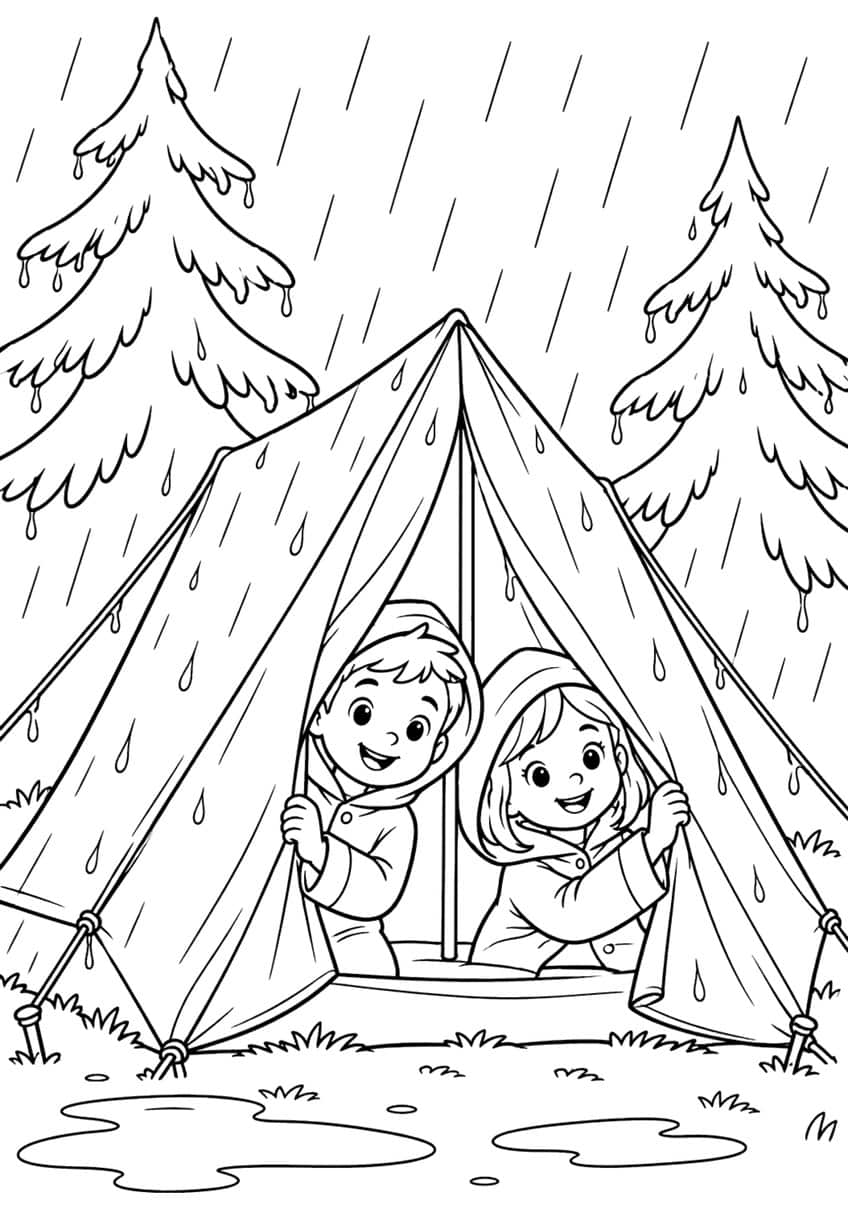 Boy and girl in raincoats peek from a tent in the rain, with fir trees and puddles