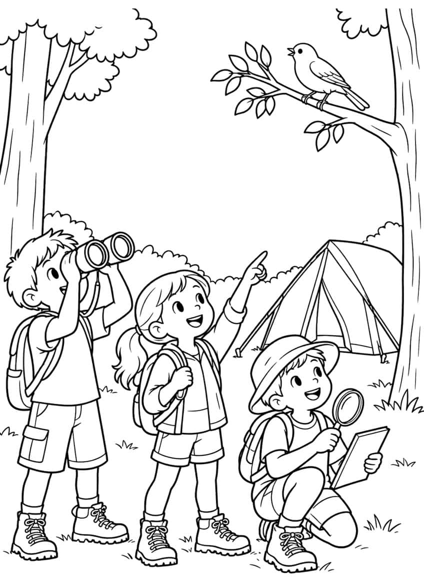 Three kids with binoculars, magnifying glass and notepad watch a bird on a branch near a tent