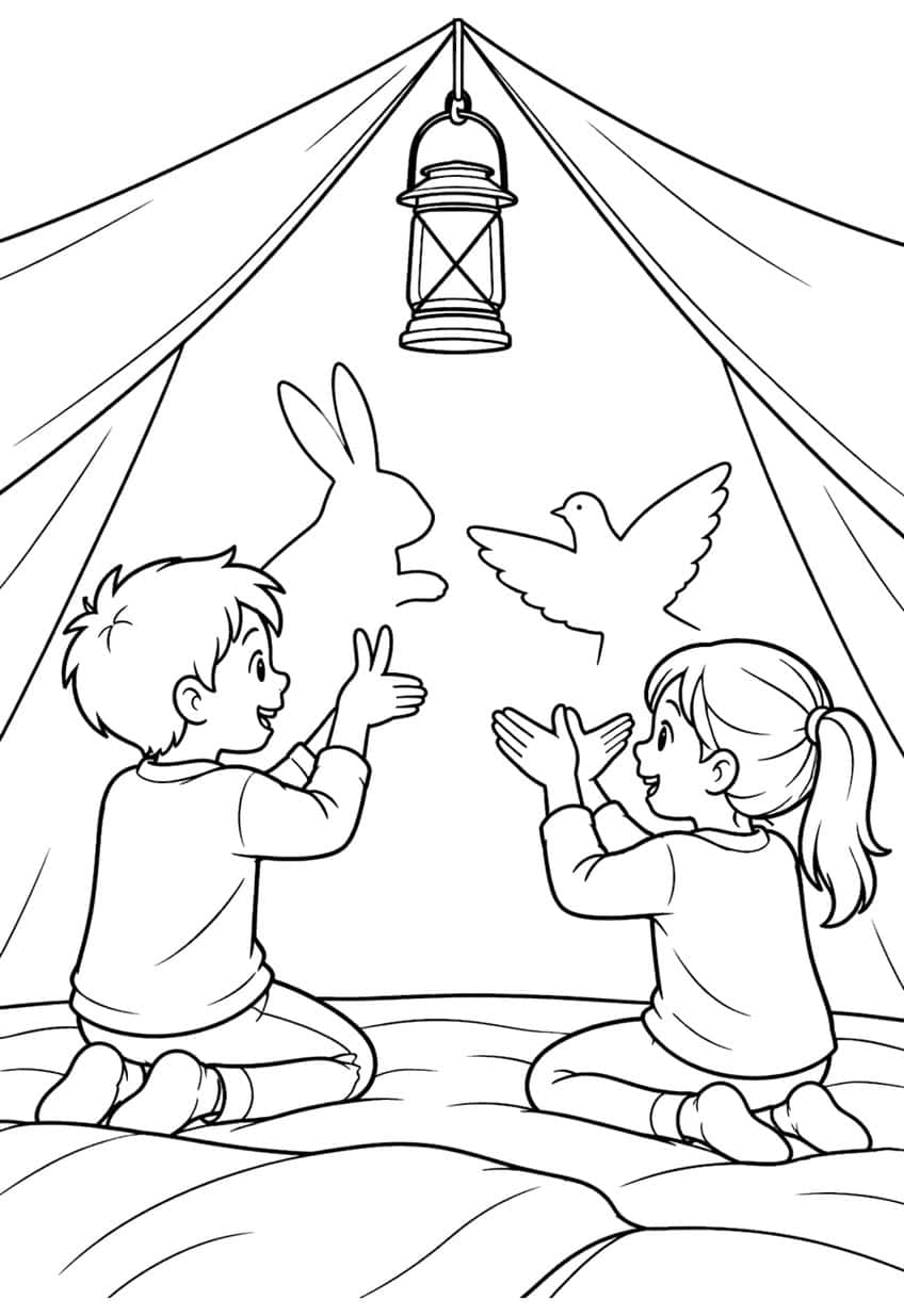 Boy and girl in a tent making rabbit and dove hand shadows under a hanging lantern