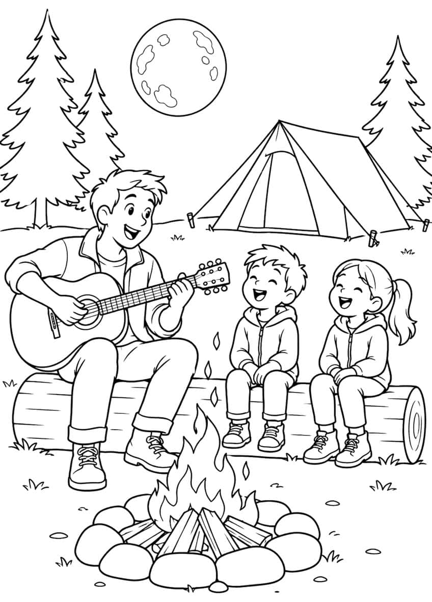 Man playing guitar with two laughing kids on a log by a campfire, tent, pines and moon