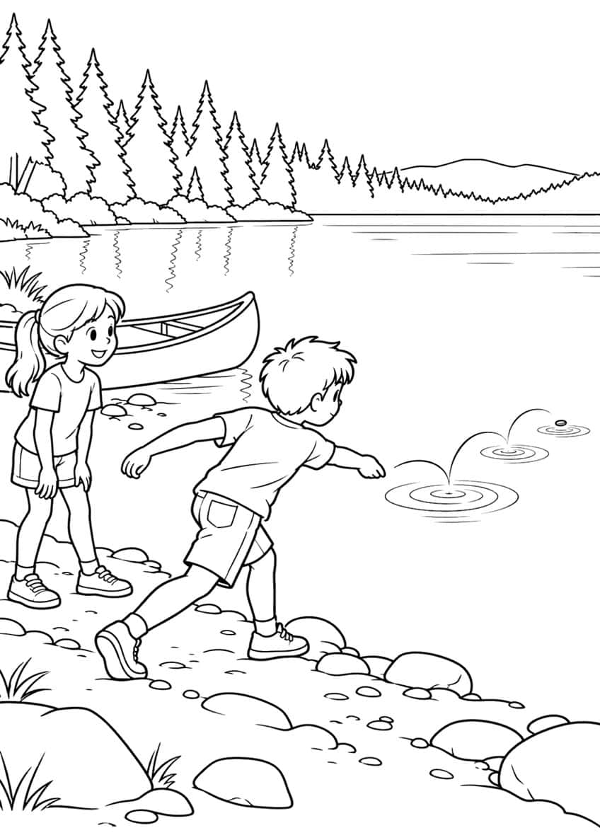 Boy skipping a stone across a lake while a ponytailed girl and a canoe watch from the shore