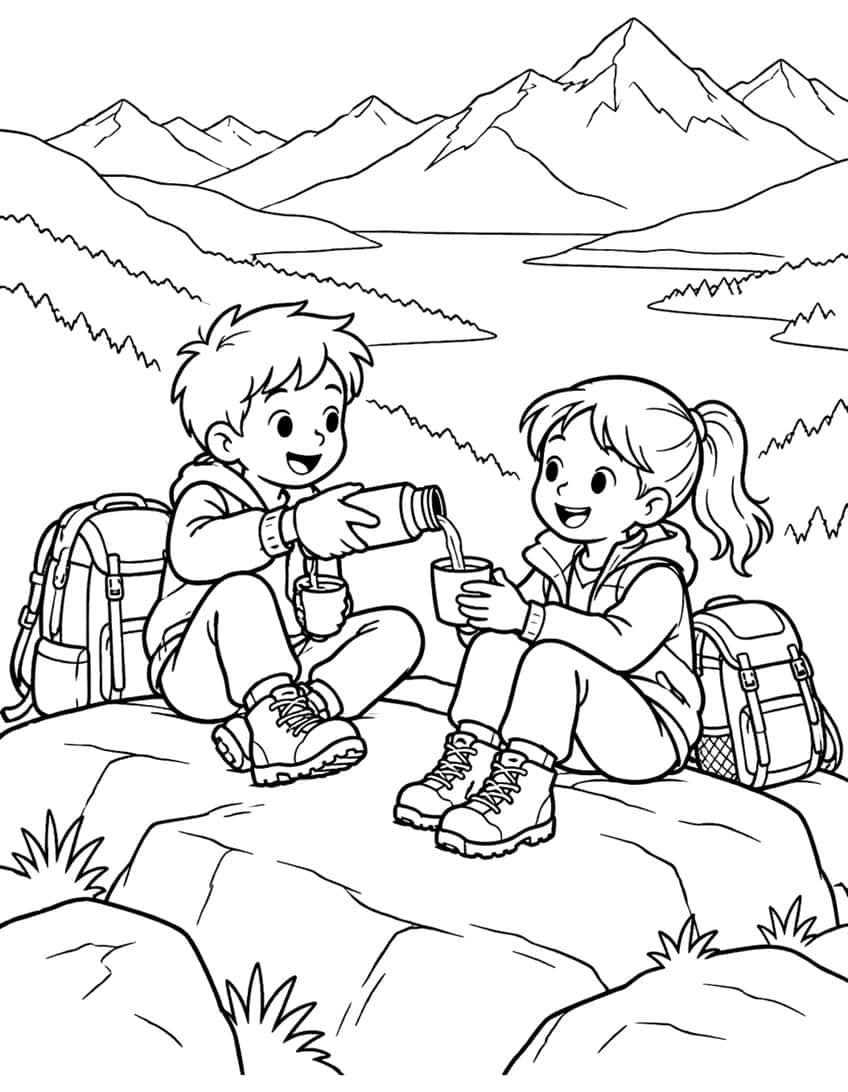 Boy and girl on a rock pouring a drink from a thermos, backpacks, lake and mountains behind