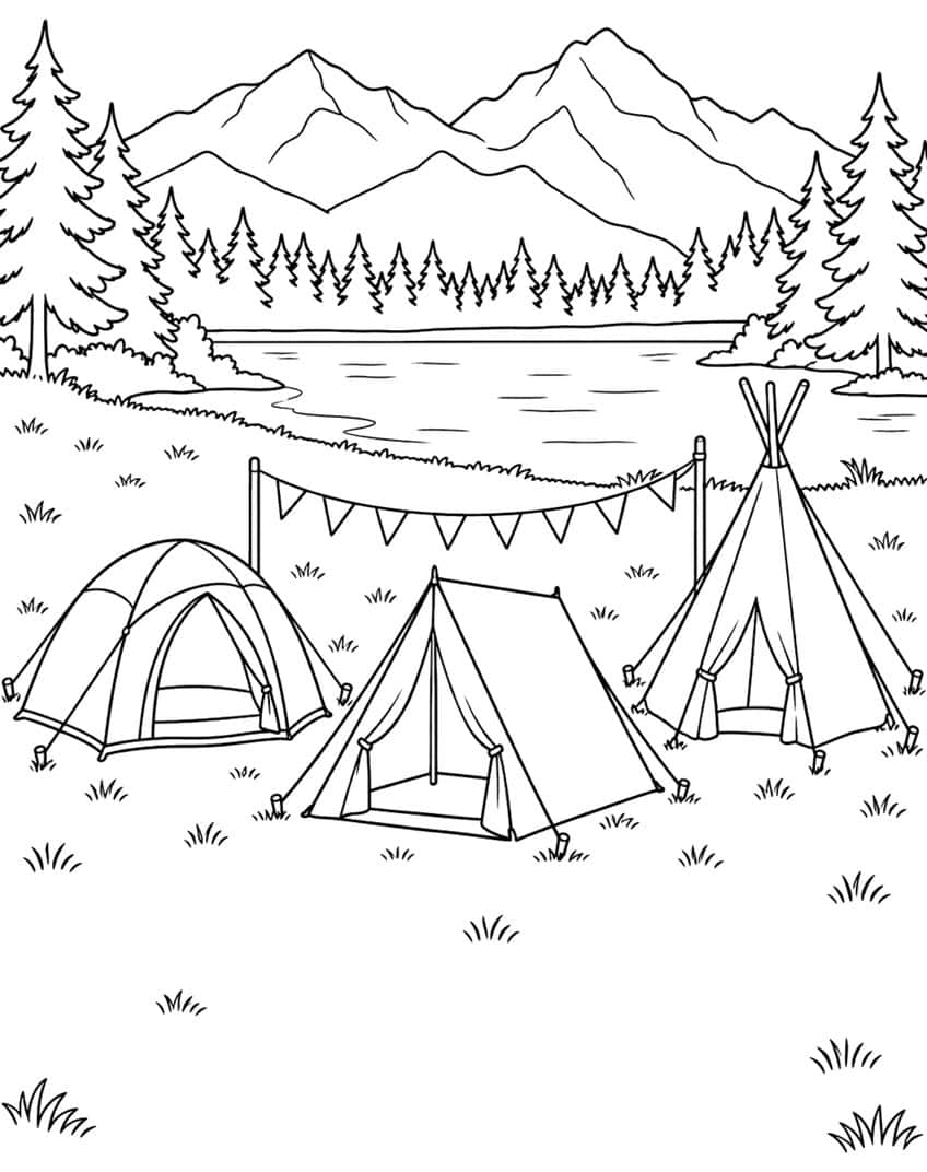 Dome tent, A-frame tent and tipi tent with bunting on a meadow by a lake, pine trees and mountains