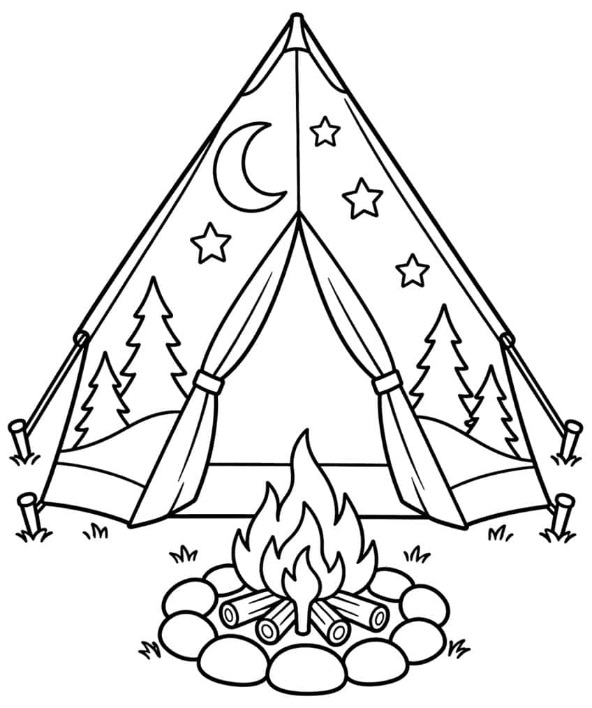Tent with moon, stars and pine trees above a stone-ringed campfire with crossed logs