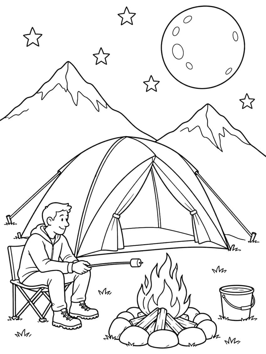 Man roasting a marshmallow by a campfire in front of a dome tent, mountains, moon and stars