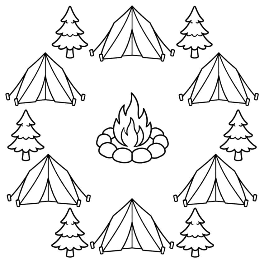 Campfire with stone ring surrounded by six tents and six pine trees