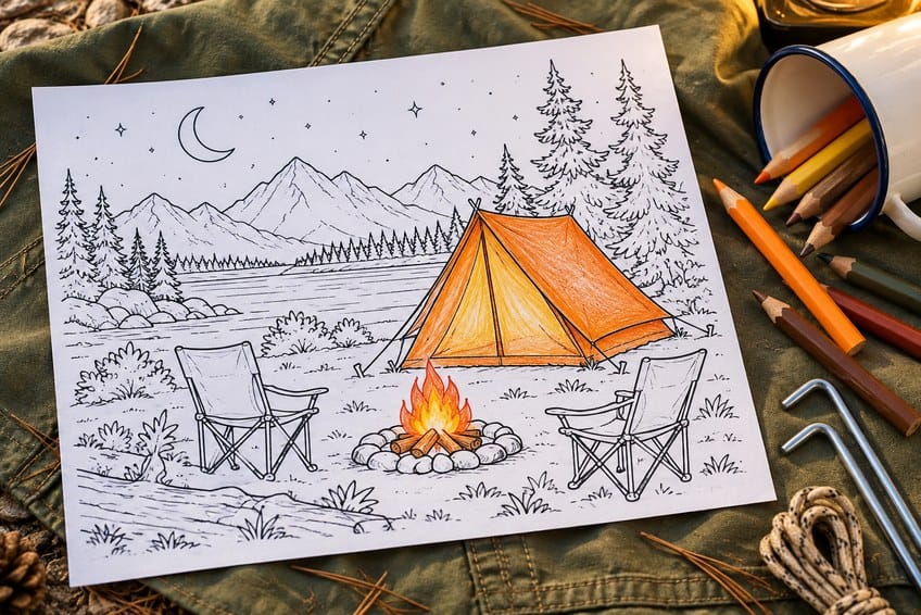 camping coloring page partly colored in with pencils