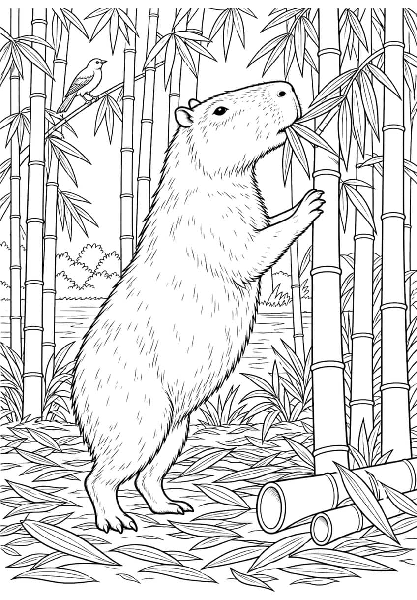 Capybara standing upright eating bamboo leaves in a grove, with a bird on a branch