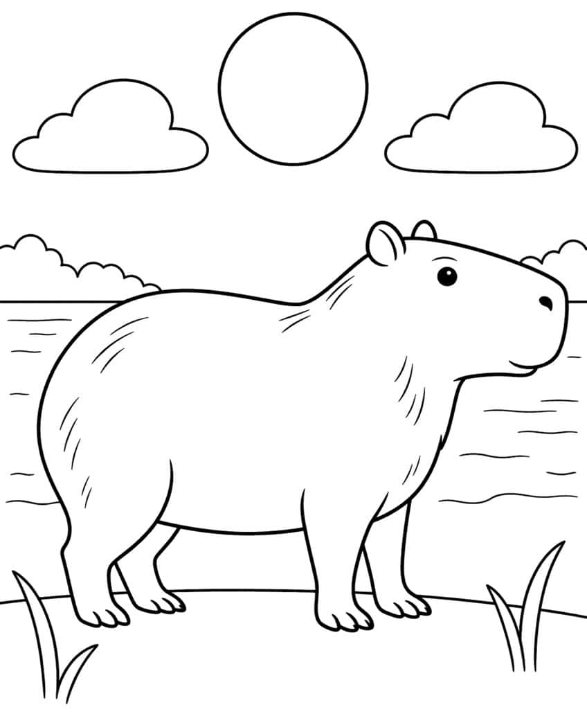 Coloring page of a big capybara standing on a lakeshore under a sun and two clouds