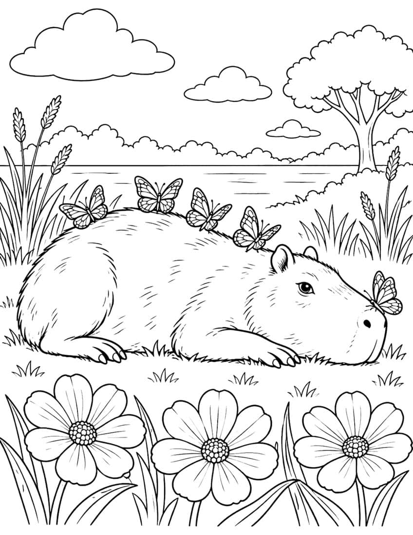 Coloring page of a capybara lying in grass with butterflies on its back and nose