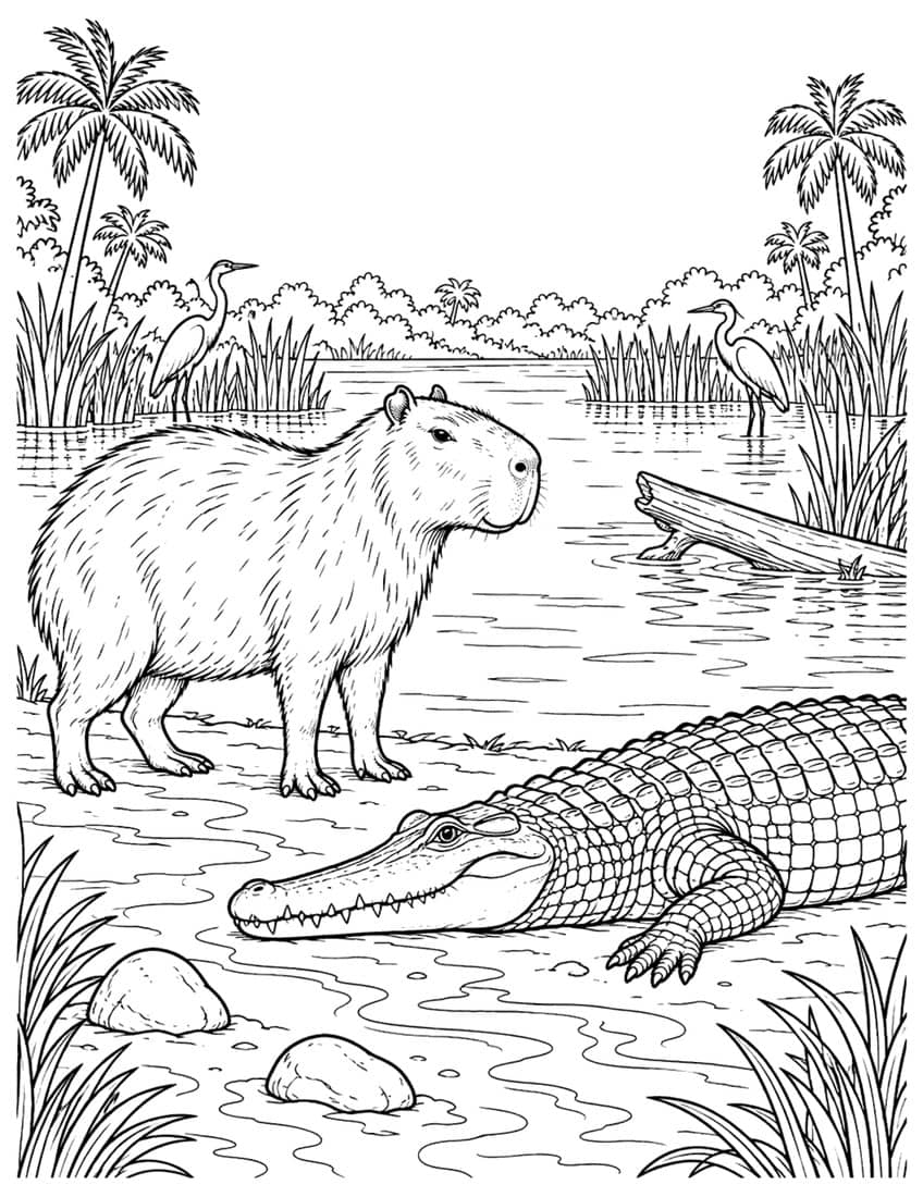 Coloring page of a capybara beside a caiman on a riverbank, with herons and palm trees