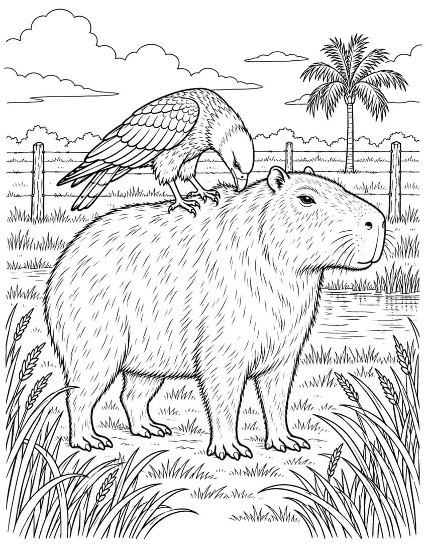 Coloring page of a caracara bird perched on a capybara's back by a fenced pond