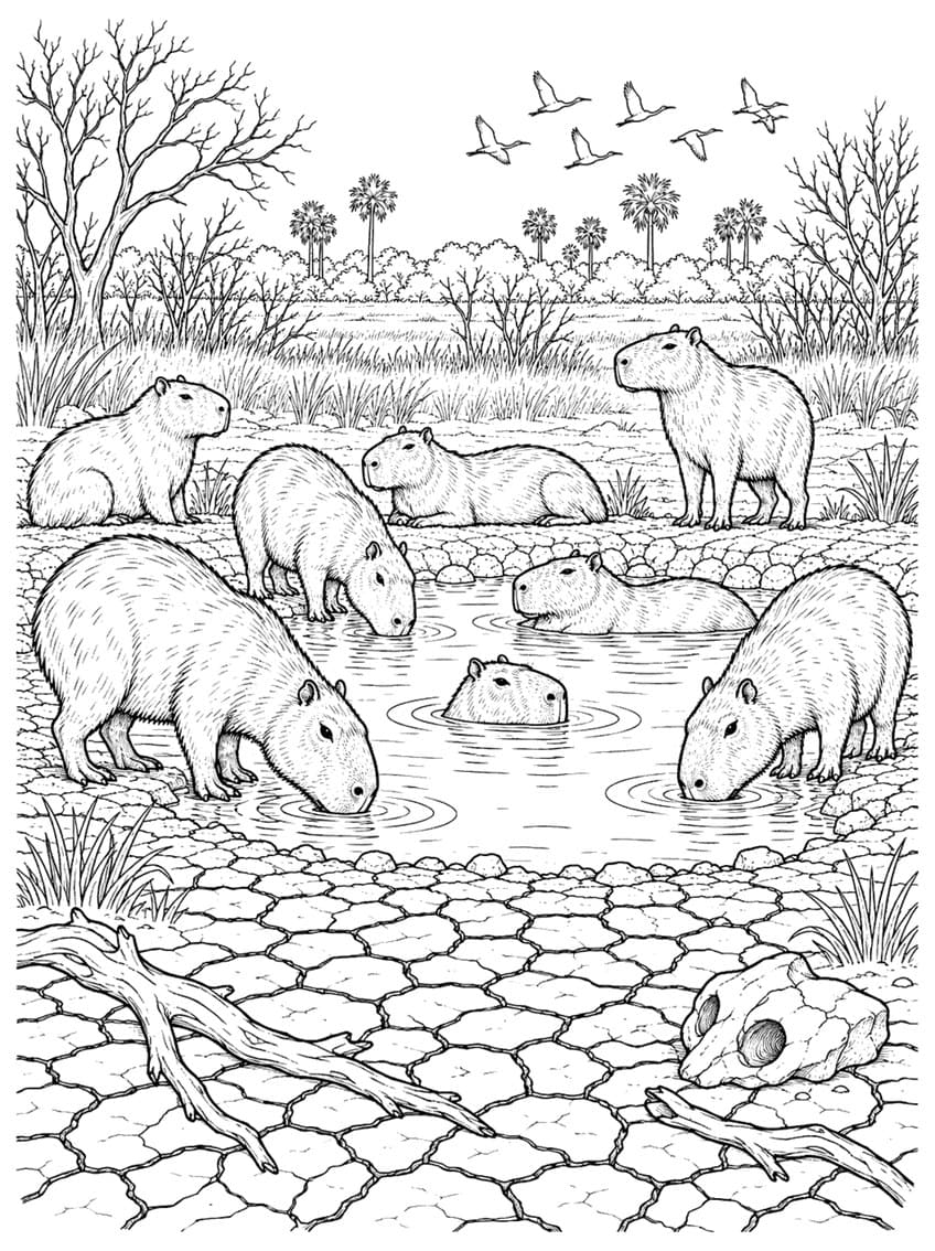 Coloring page of eight capybaras at a small waterhole surrounded by cracked dry mud and bare trees