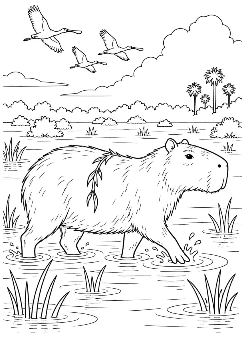 Capybara wading through a flooded marsh with three spoonbills flying above