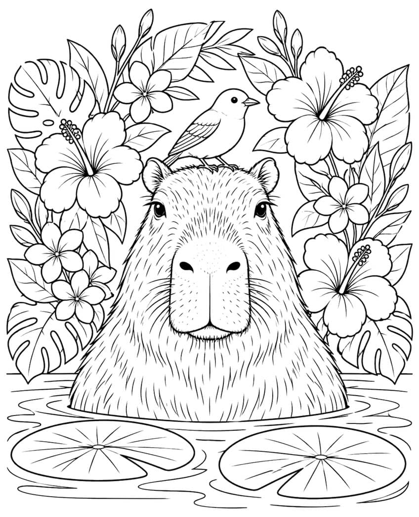 Capybara in water with a bird on its head, hibiscus flowers, tropical leaves and lily pads