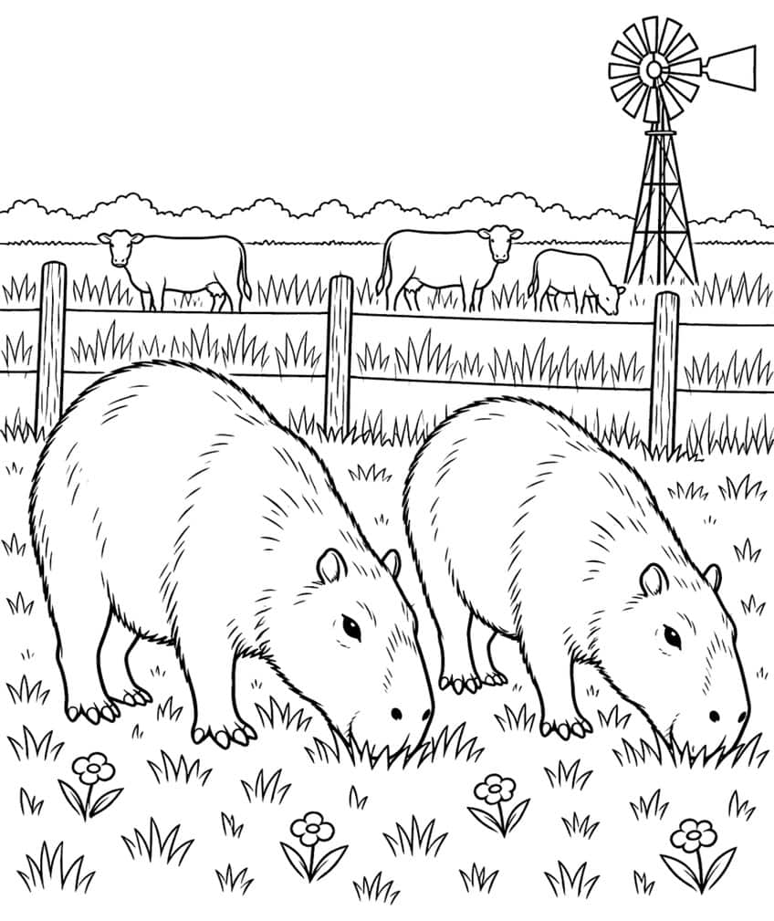 Coloring page of two capybaras grazing in a pasture with cows, a fence and a windmill