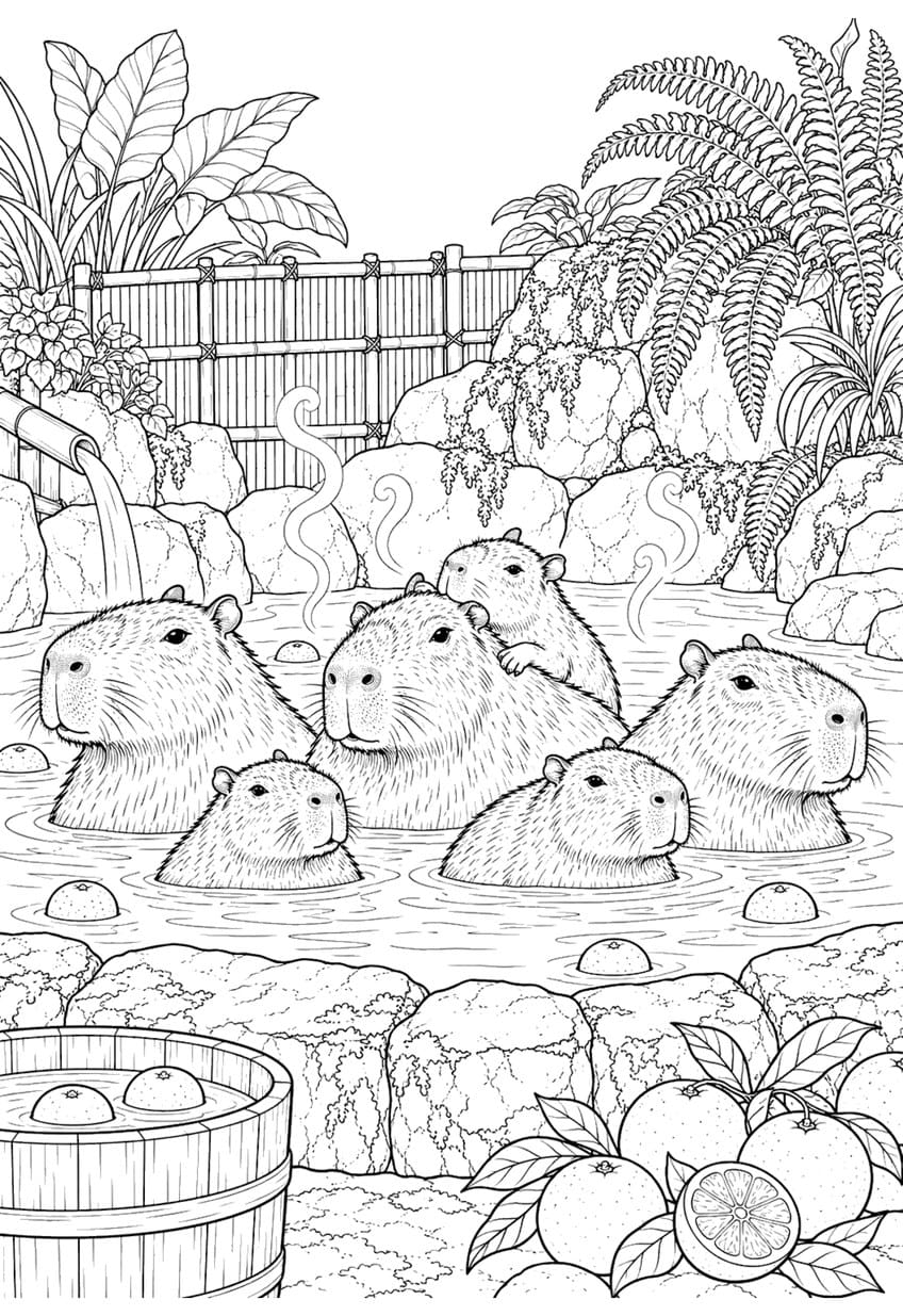 Coloring page of six capybaras bathing in a hot spring with floating oranges