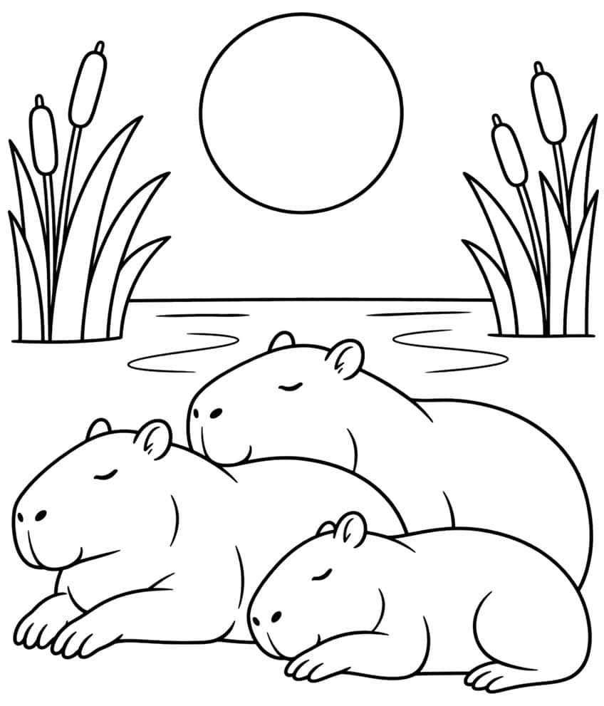 Coloring page of three capybaras sleeping by a pond with cattails and a sun