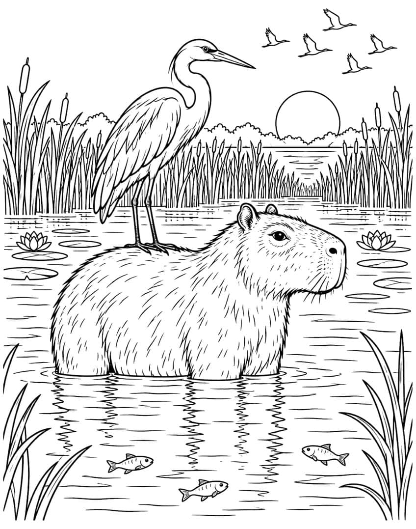Coloring page of a capybara in a marsh with a heron standing on its back