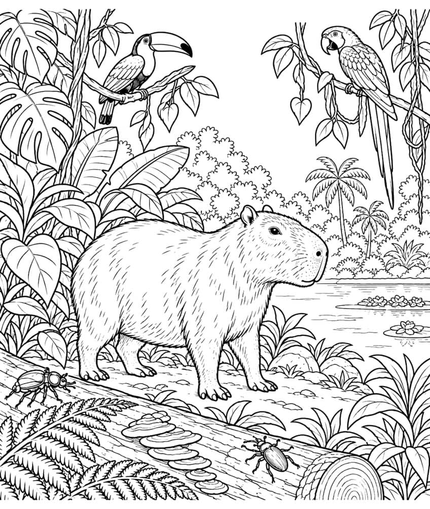 Coloring page of a capybara in a rainforest with a toucan, a macaw, beetles and a fallen log