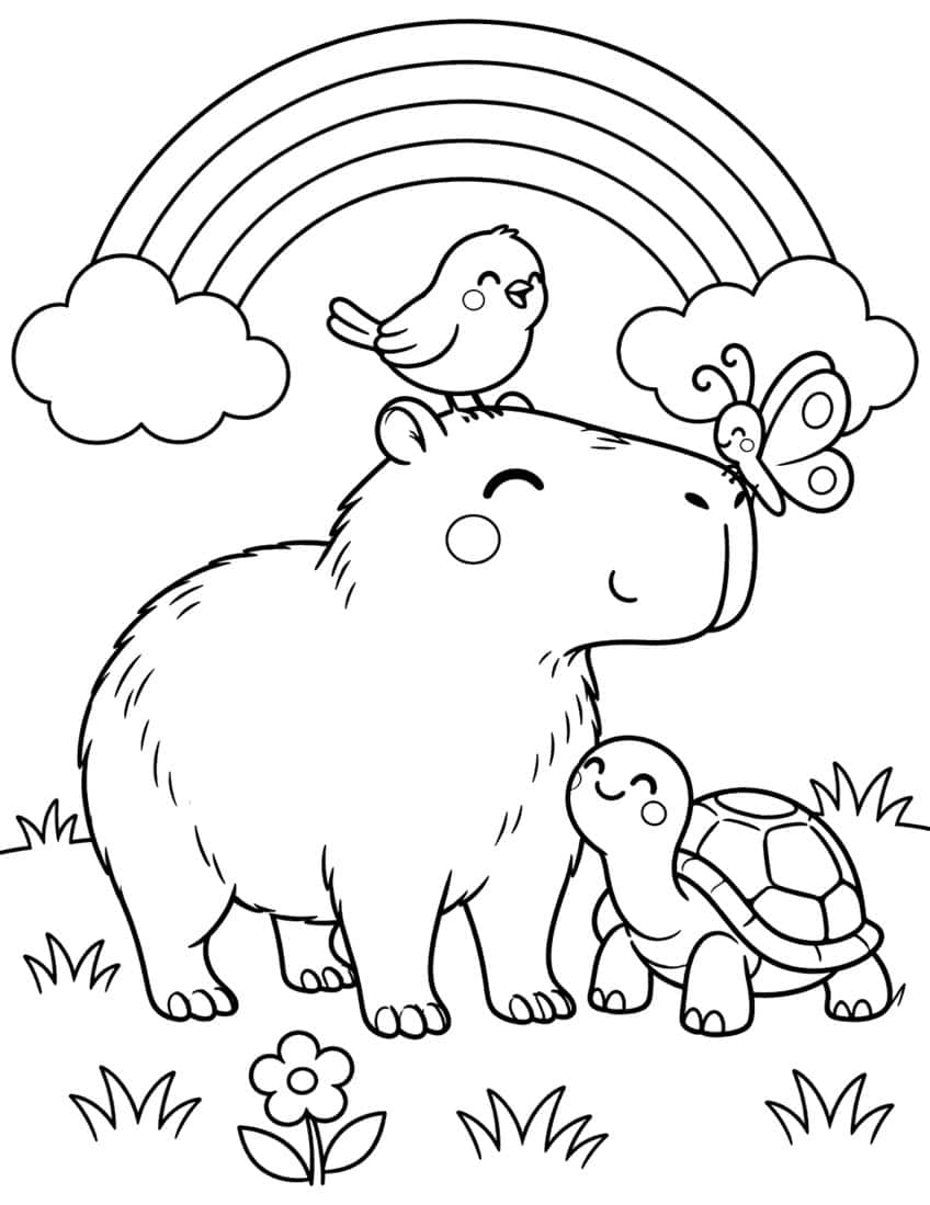 Kawaii capybara with a bird, butterfly and turtle under a rainbow coloring page