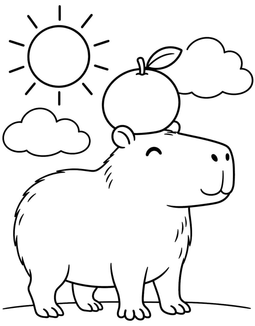 Coloring page of a smiling capybara balancing an orange on its head under a sun and clouds