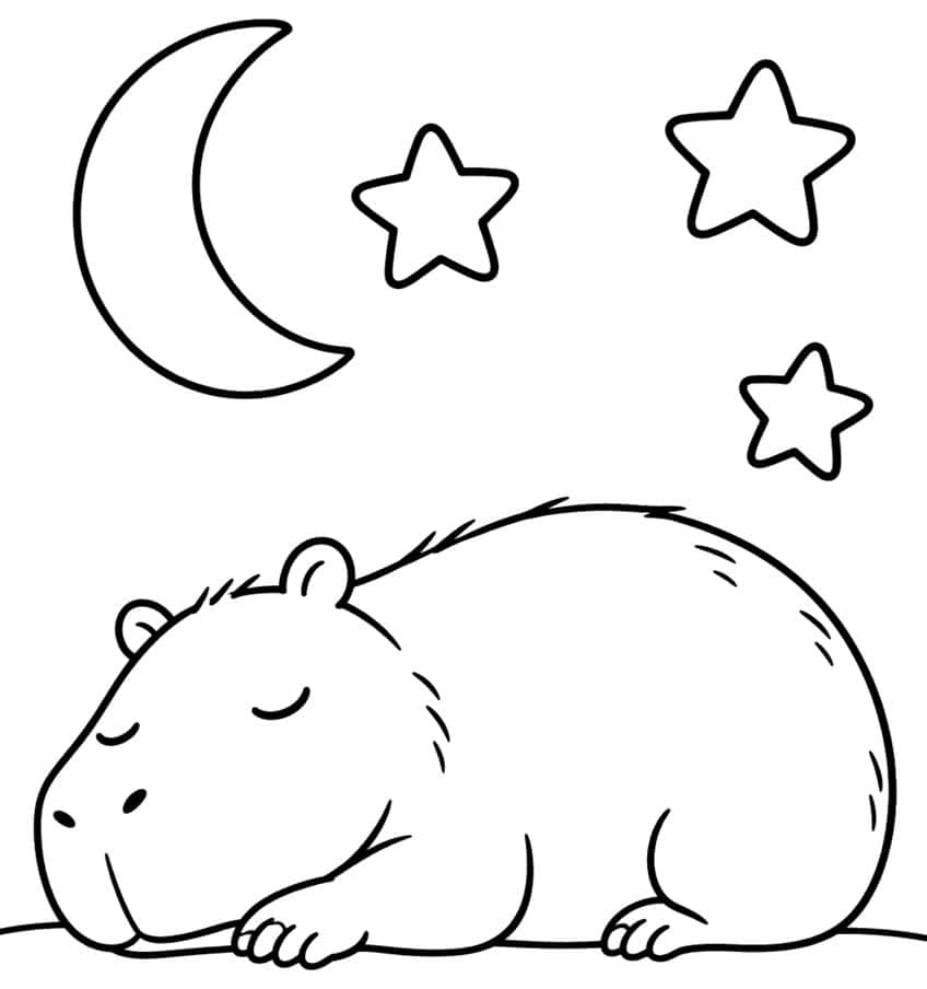 Coloring page of a sleeping capybara lying on the ground under a crescent moon and three stars