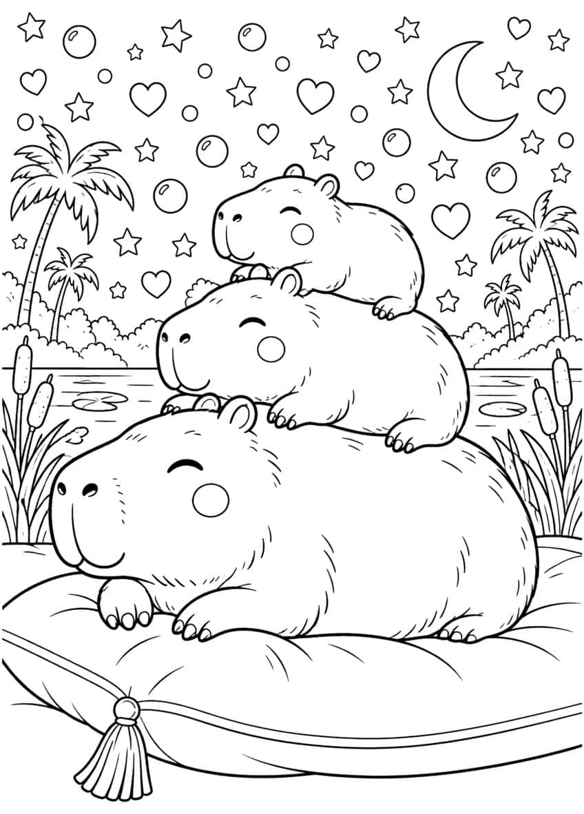 Coloring page of three cute capybaras stacked on a cushion under a moon, stars and hearts