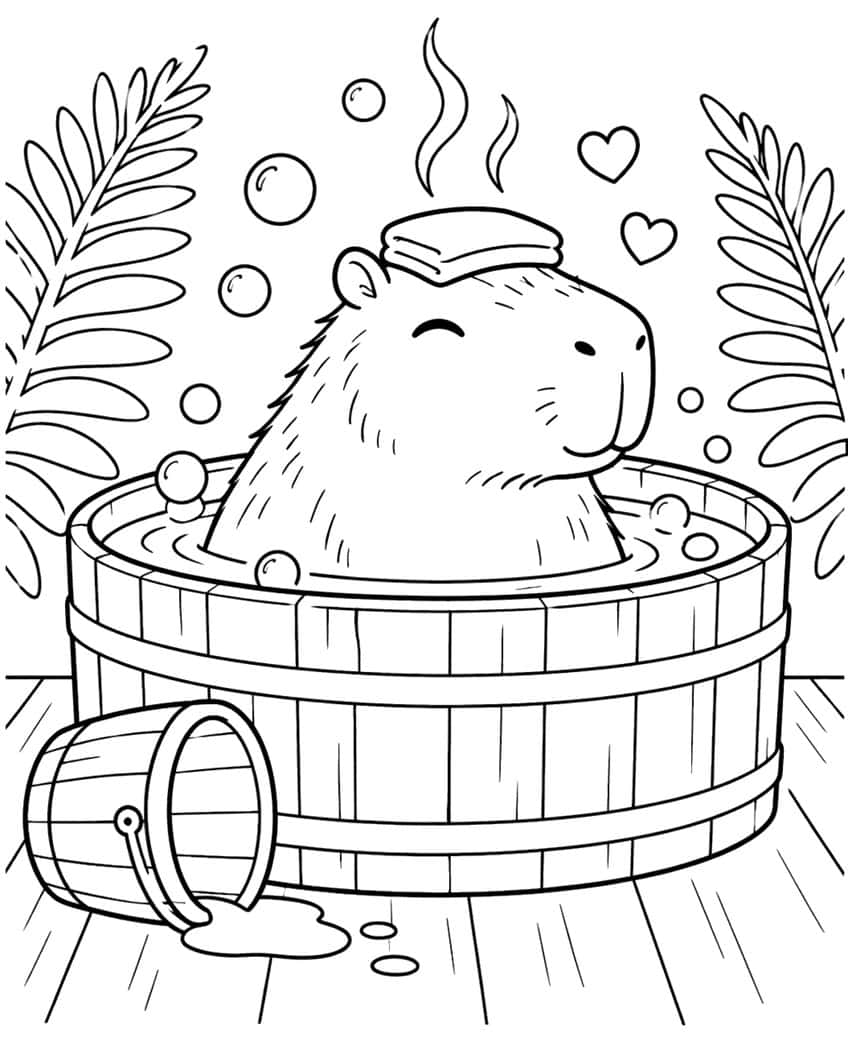 Coloring page of a cute capybara with a towel on its head bathing in a wooden tub