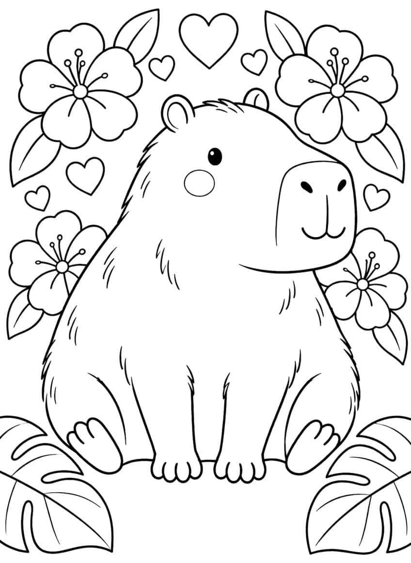 Kawaii capybara coloring page with a smiling capybara, flowers, leaves and hearts