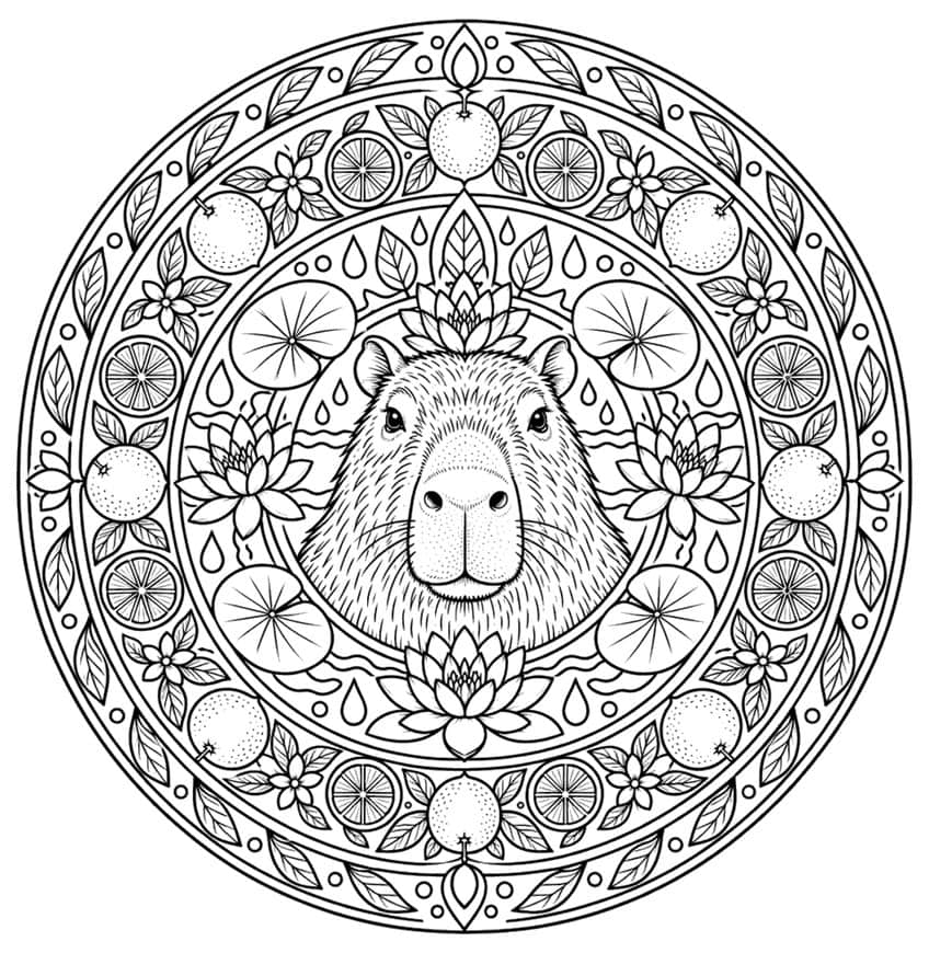 Capybara face in a circular mandala with water lilies, oranges, citrus slices and leaves