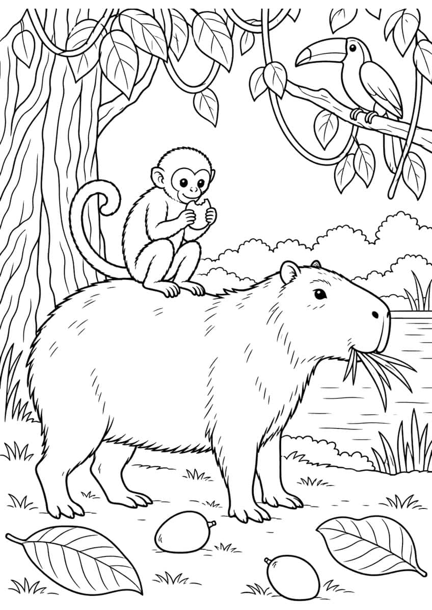 Coloring page of a monkey eating fruit on a capybara's back, with a toucan in the jungle trees