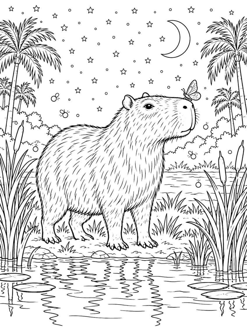 Capybara with a moth on its nose by a pond at night, under a crescent moon and stars