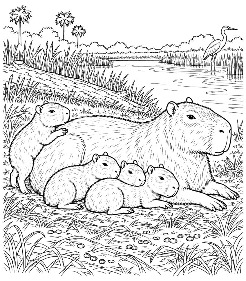 Coloring page of a capybara mother with four pups by a lake, with a heron and palm trees