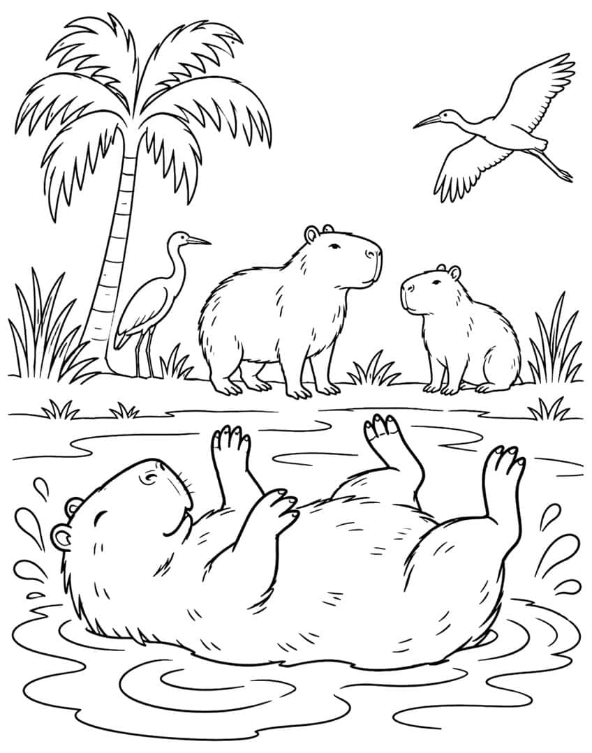 Coloring page of a capybara lying on its back in a mud puddle, two capybaras and herons nearby