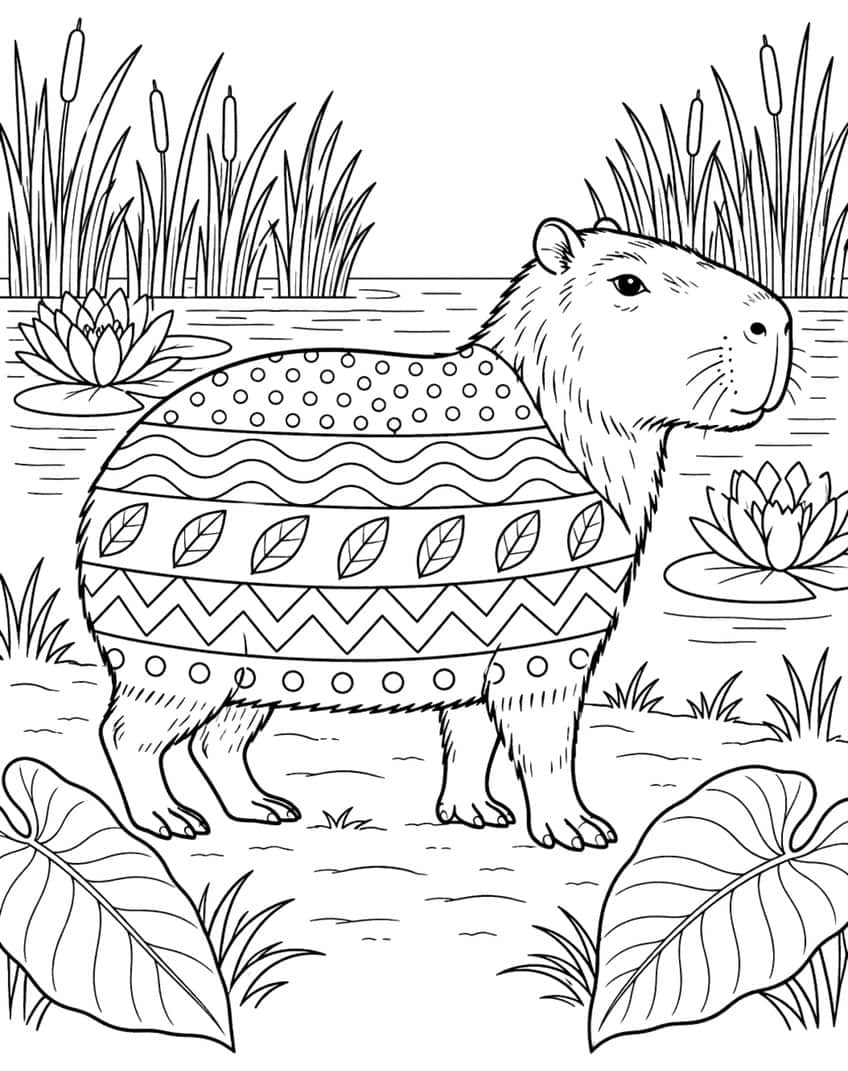 Coloring page of a capybara with a striped pattern coat standing by a lily pond