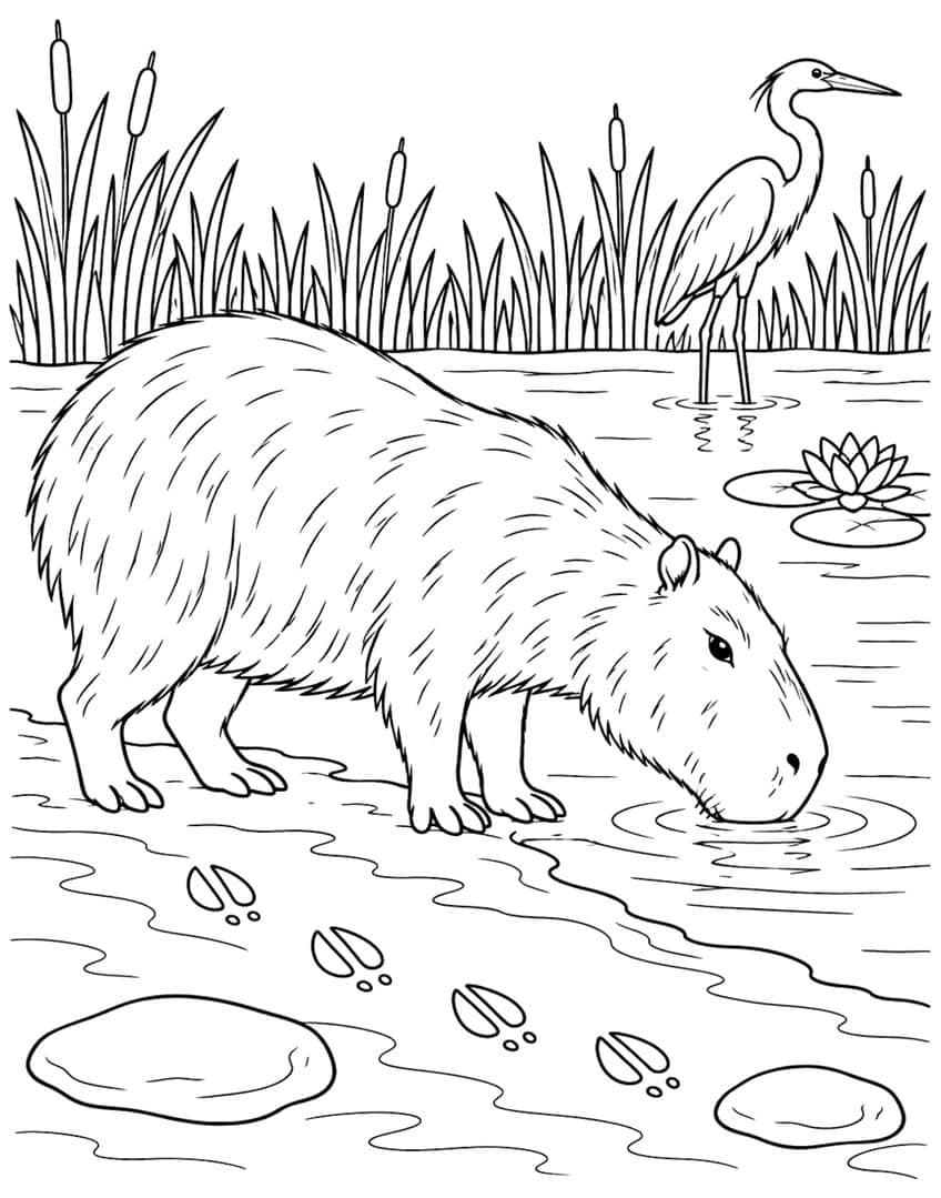 Capybara coloring page with a capybara drinking from a river, a heron, cattails, and a water lily
