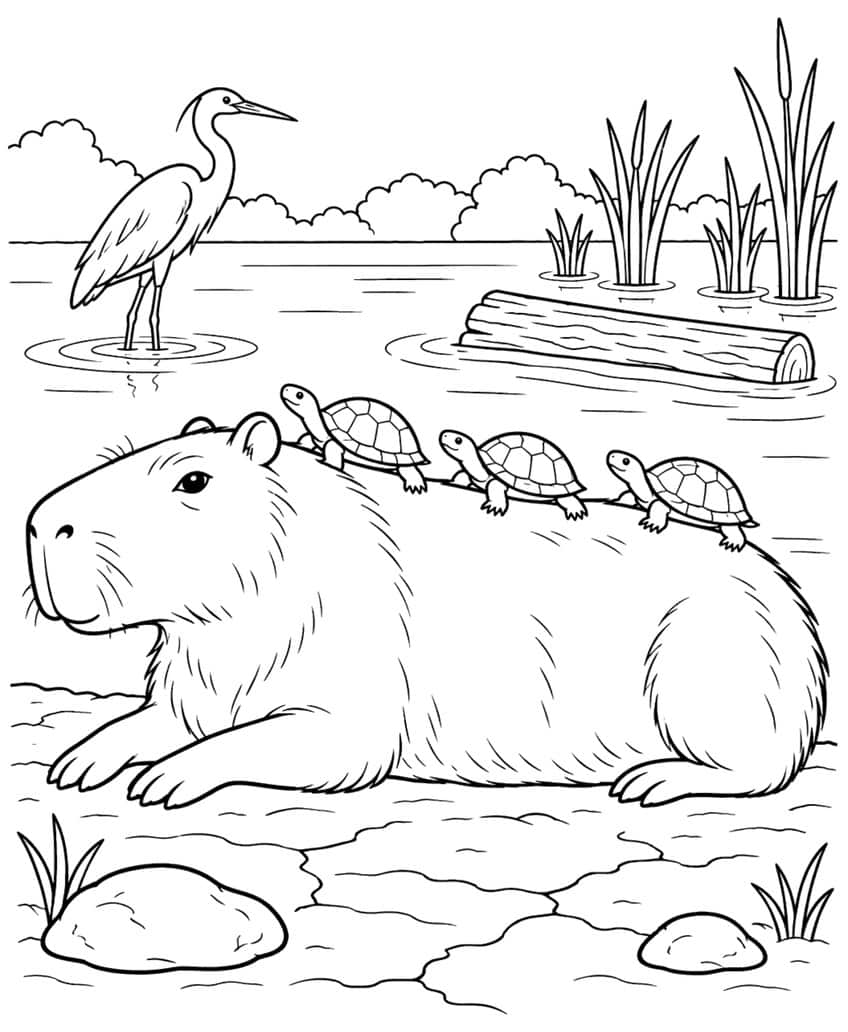 Coloring page of a resting capybara with three turtles on its back beside a pond with a heron