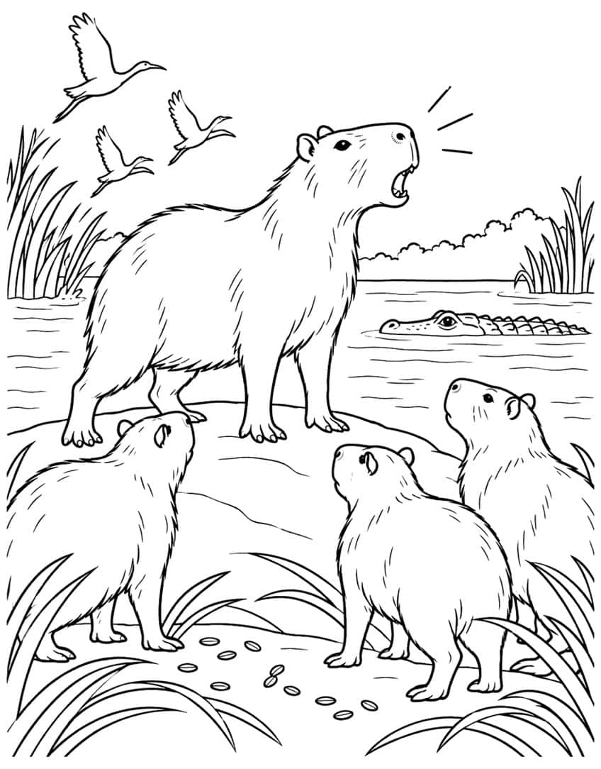 Capybara calling a warning to three young capybaras as a caiman swims in the river