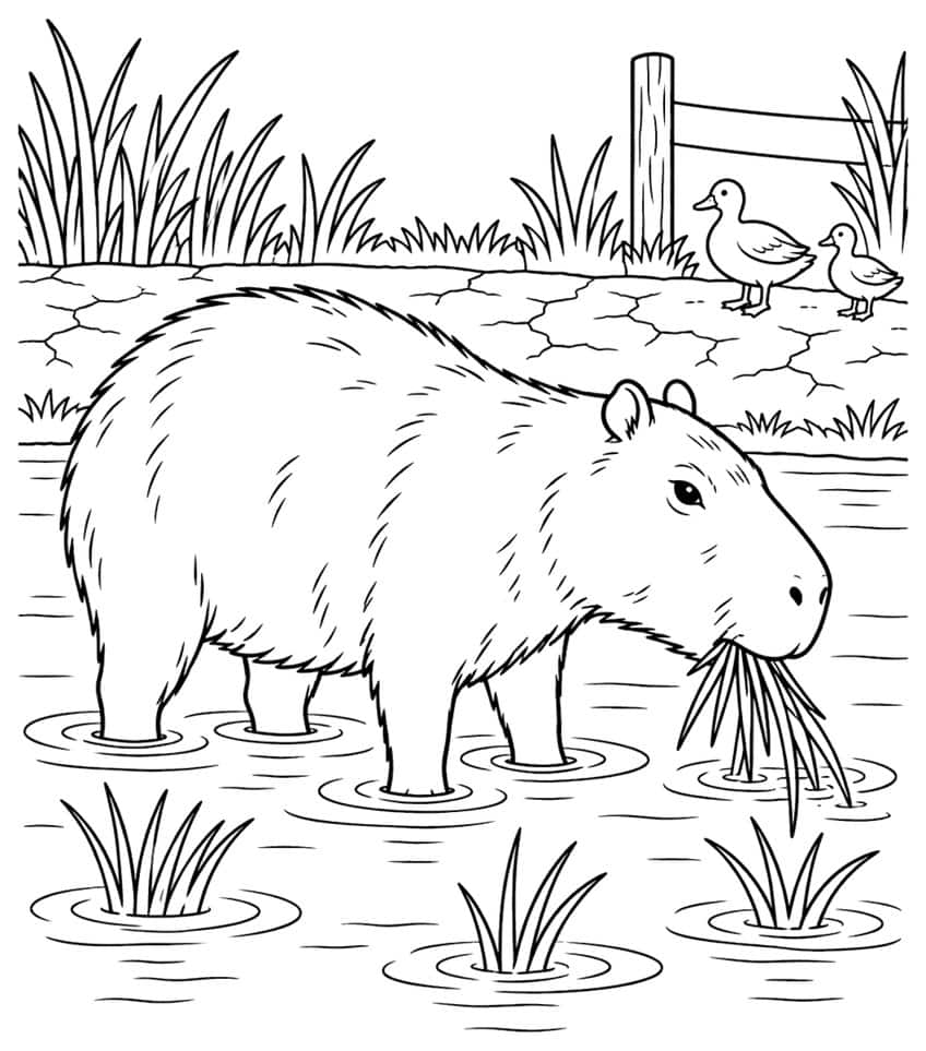 Coloring page of a capybara eating grass in a pond, with two ducks and a fence on the bank