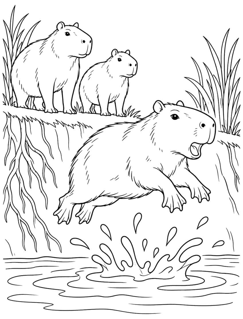 Coloring page of a capybara leaping into the water as two capybaras watch from a grassy bank