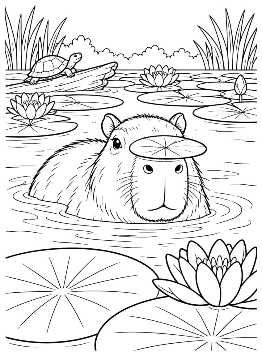 Capybara coloring page with a lily pad on its head in a pond, water lilies and a turtle on a log