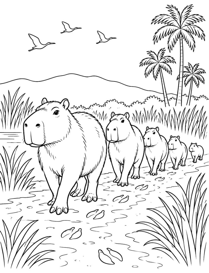 Coloring page of five capybaras walking in a row past palm trees and tall grass