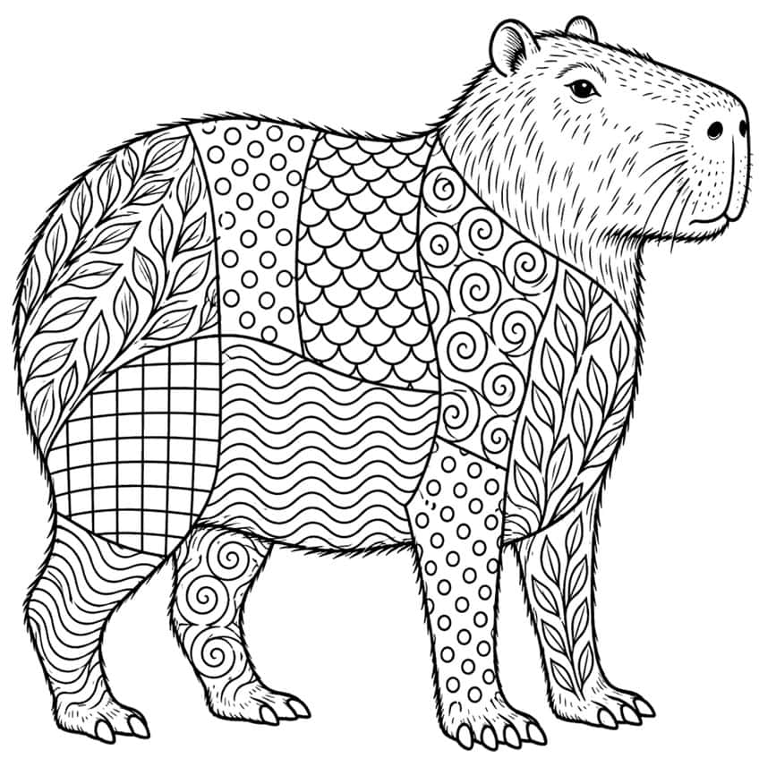 Zentangle coloring page of a standing capybara with leaf, dot, scale, swirl and wave patterns
