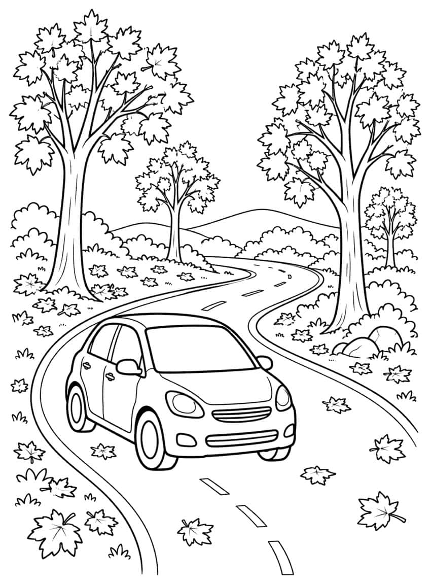 Coloring page of a car on a winding road with maple trees and falling leaves