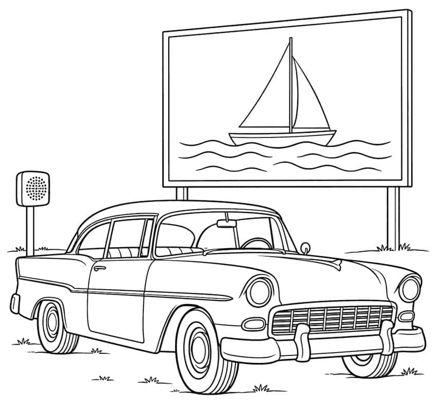 Classic car parked at a drive-in screen showing a sailboat, coloring page