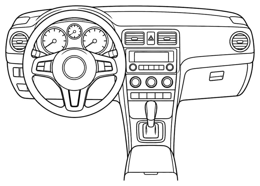 Coloring page of a car dashboard with steering wheel, gauges and gear lever
