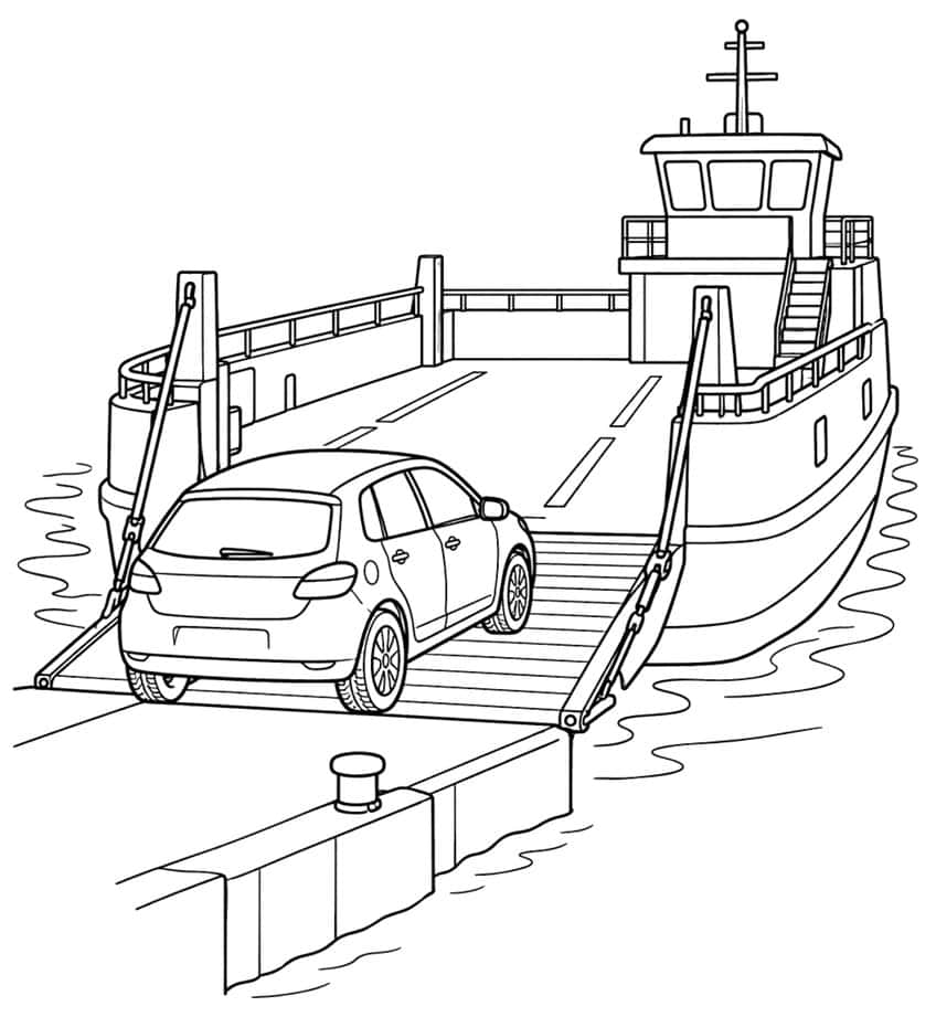 Coloring page of a hatchback car driving up a ramp onto a car ferry