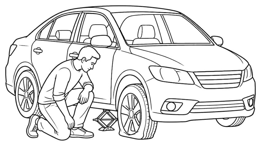 Coloring page of a man kneeling with a jack beside a sedan's front wheel